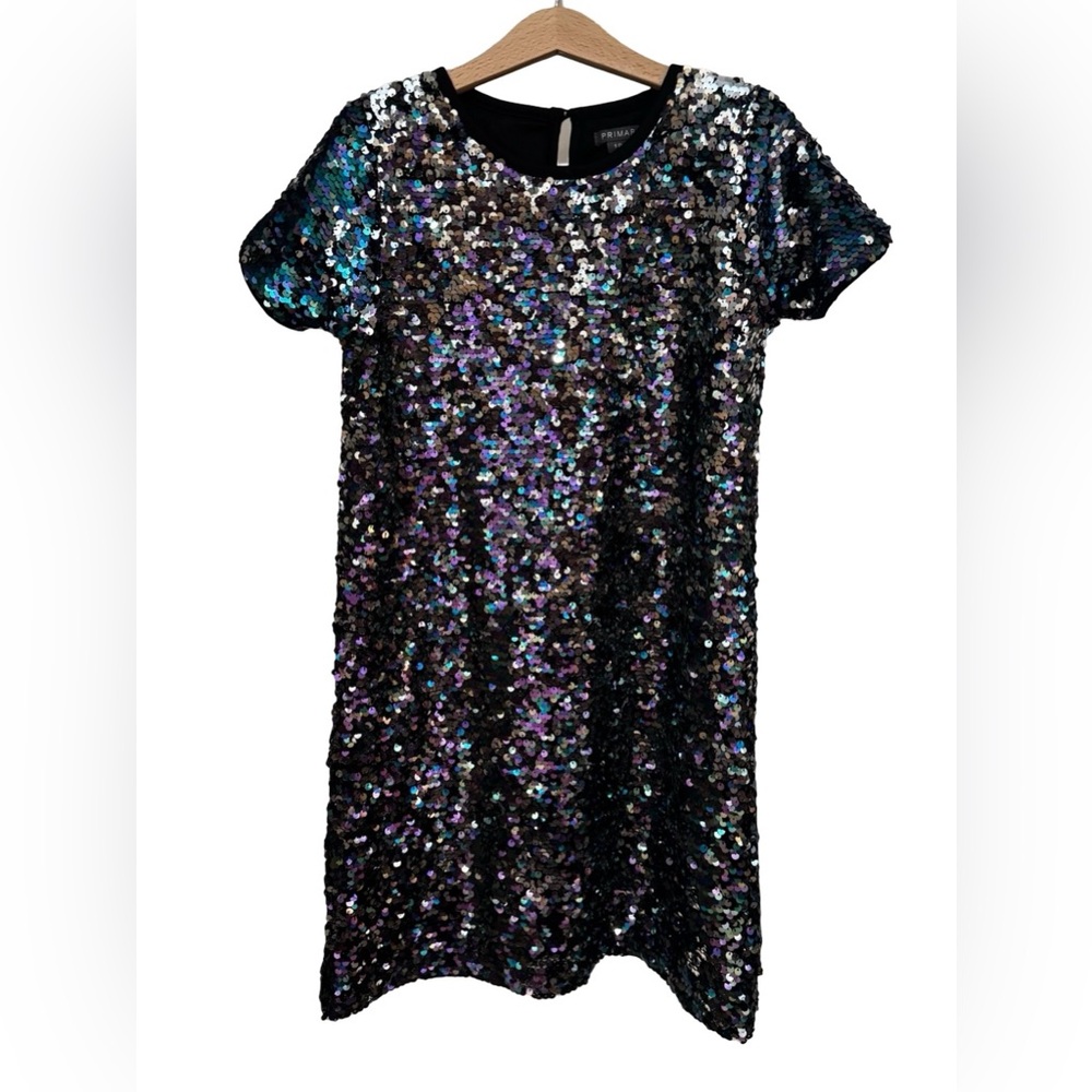 Primark Girls Sparkly Sequin Shimmering Party Dress Size 9-10 With Black Lining